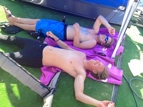 Exhausted after four races today. Time for the gold fleet! —Ali Kissane and Nils Åkervall.