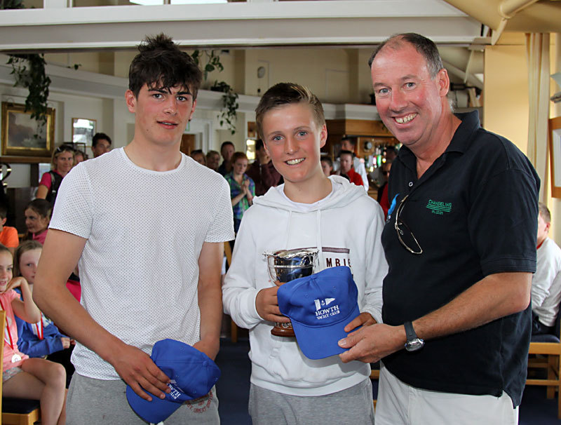 Peadar Lawlor and Jamie McMahon receive their prizes for 1st 420 from Commodore Brian Turvey