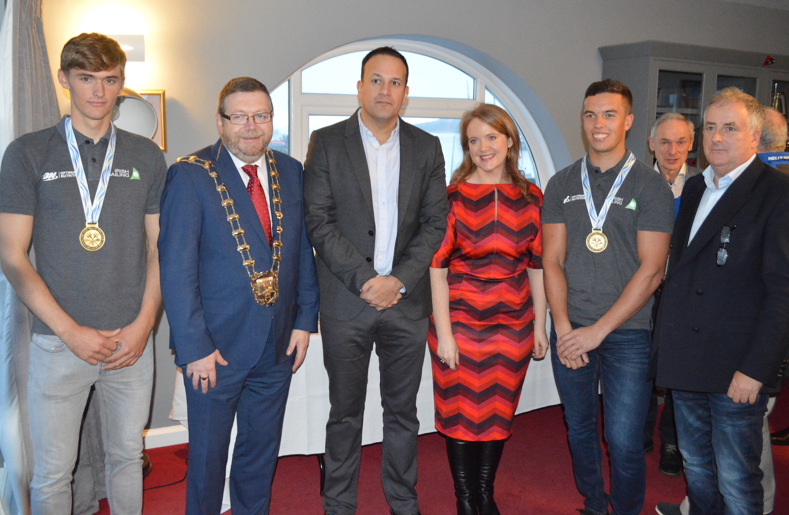 Gold medallists Robert Dickson and Sean Waddilove with Fingal Mayor Anthony Lavin, An Taoiseach, Senator Catherine Noone and Commodore Joe McPeake