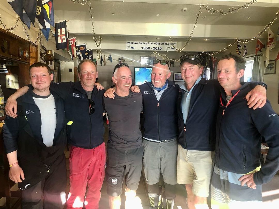 Home and still talking at Wicklow Sailing Club -- from the left: Daragh White, Richard Evans, John Phelan, Shane Hughes, Michael Evans, Nick Cherry
