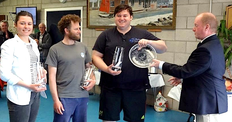 Tara Flood, Graeme Grant and Ronan Dowling collect their prizes at the 2014 SB20 Northern Championships in Carrickfergus